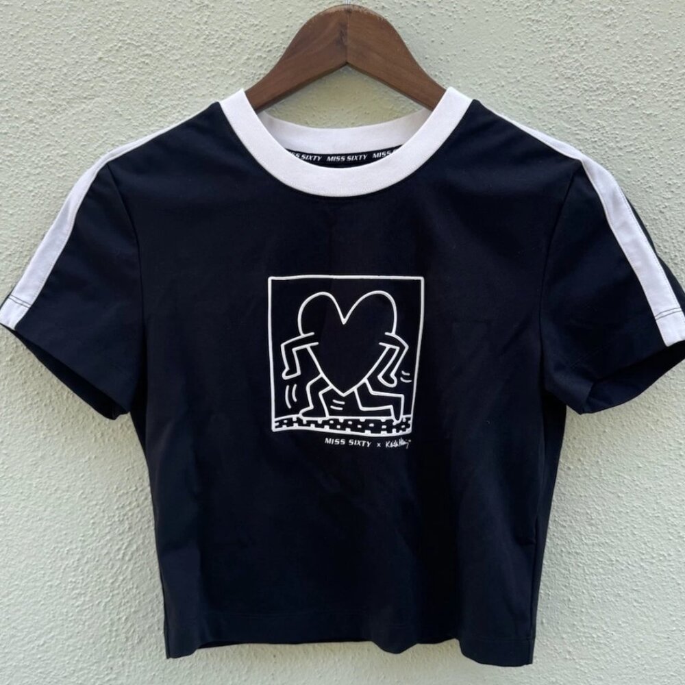 Miss Sixty x Keith Haring Womens Black/White Top Shirt S/S/ Running Heart EURO S